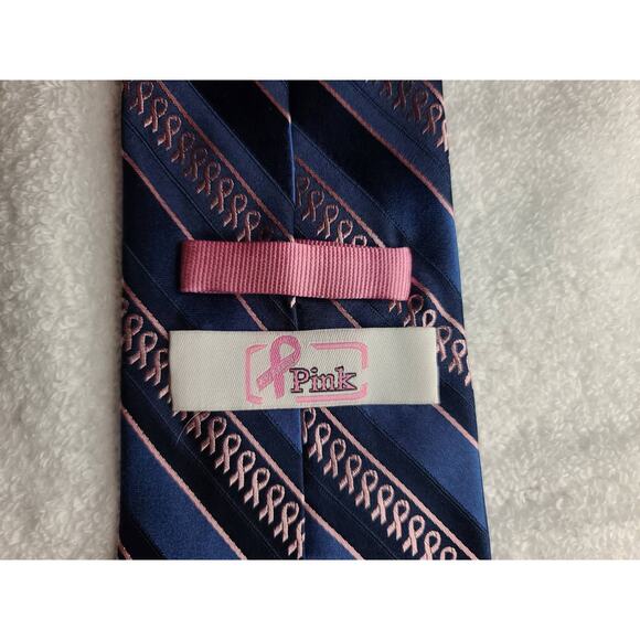 Breast Cancer Awareness blue stripe pink ribbon silk tie - Picture 3 of 5